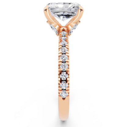 18 KT Rose Gold Radiant Cut Diamond Solitaire Ring with Marquise Collar - side view