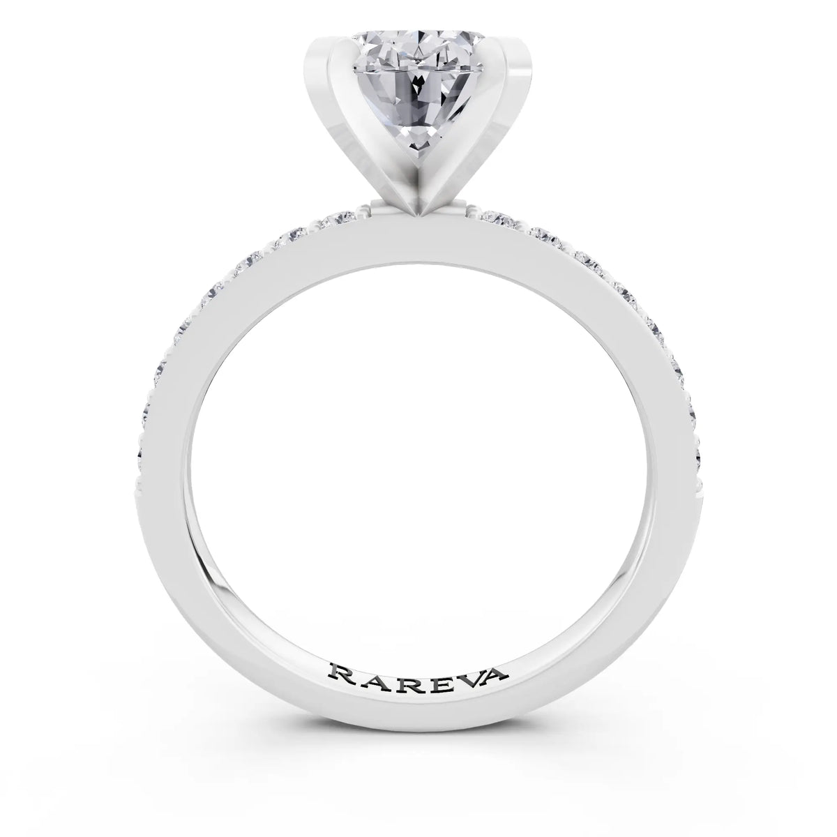 14 KT White Gold Oval Cut Diamond Solitaire Ring with Pave Shank - through finger