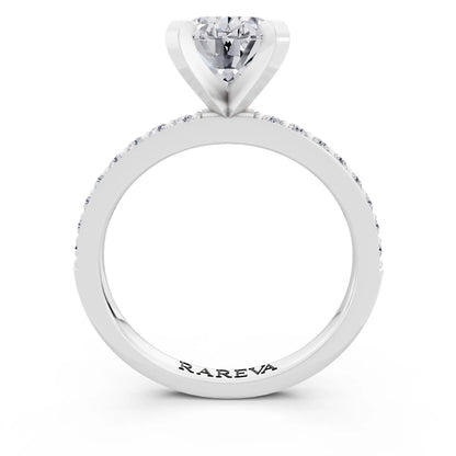 14 KT White Gold Oval Cut Diamond Solitaire Ring with Pave Shank - through finger