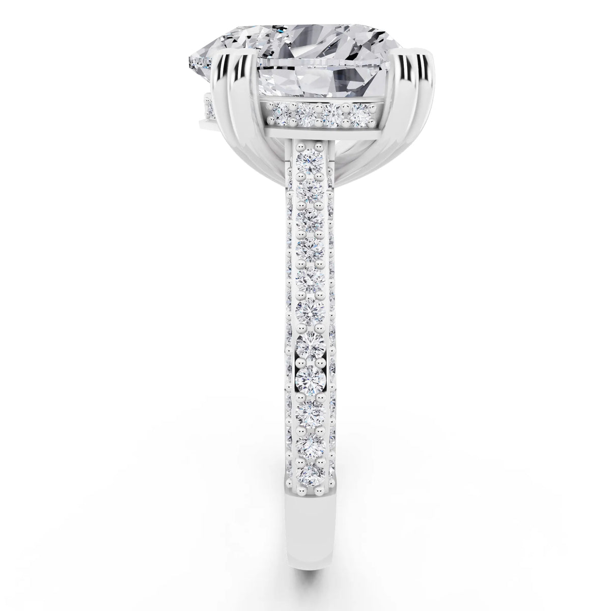 Platinum Heart Cut Diamond Hidden Halo Double Claw Pave Band Ring - side view