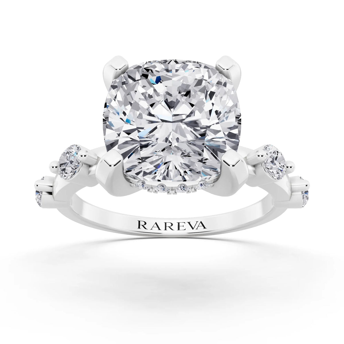 18 KT White Gold Cushion Cut Diamond Solitaire Ring with Floating Diamond Accents - front view