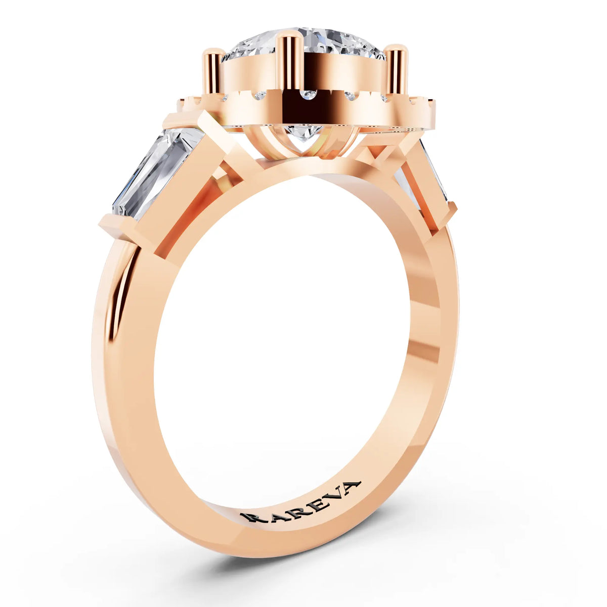 14 KT Rose Gold Cushion Cut Diamond Halo Ring with Baguette Accents - top view