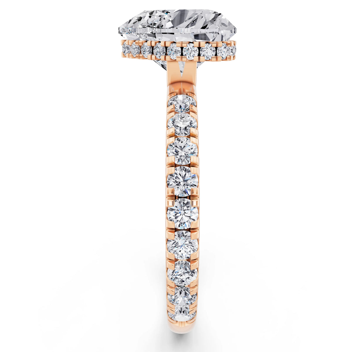 14 KT Rose Gold Heart Cut Diamond Solitaire Ring with Hidden Halo and French Pave Band - side view