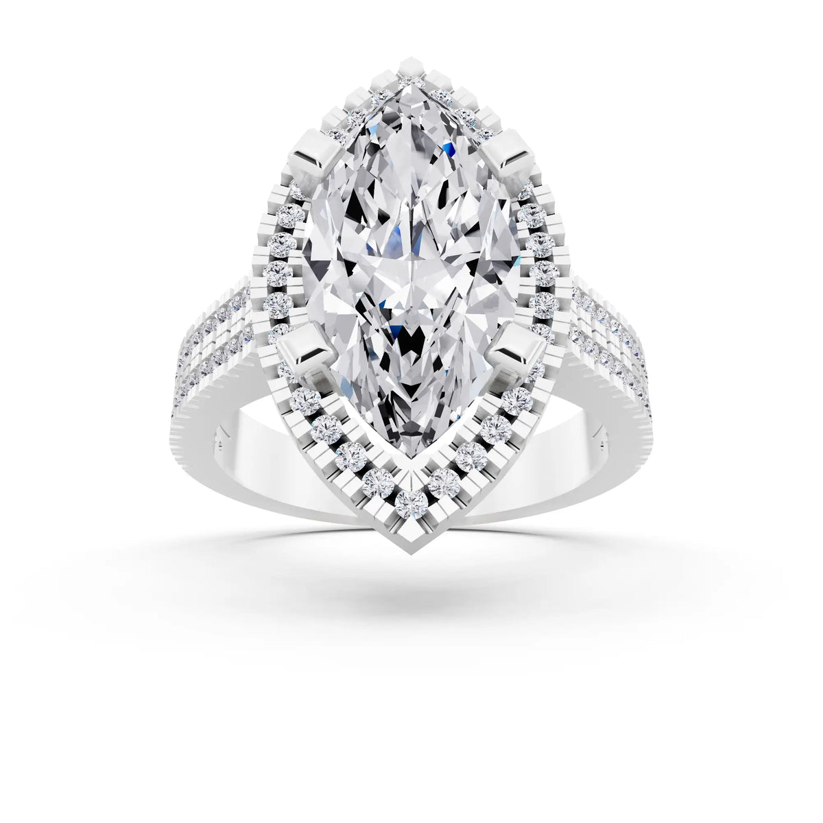 Platinum Marquise Cut Diamond Halo Ring with Twin Pave Band - front view