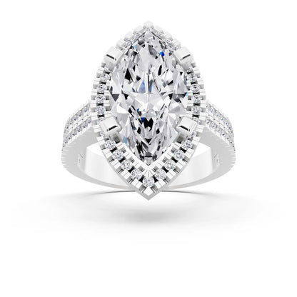 Platinum Marquise Cut Diamond Halo Ring with Twin Pave Band - front view