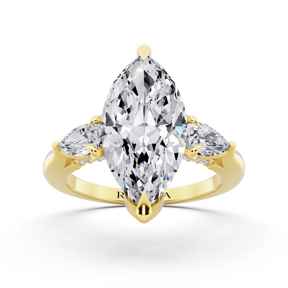 14 KT Yellow Gold Marquise Cut Diamond Cluster Engagement Ring with Pear Accents and Pavé Band - front view