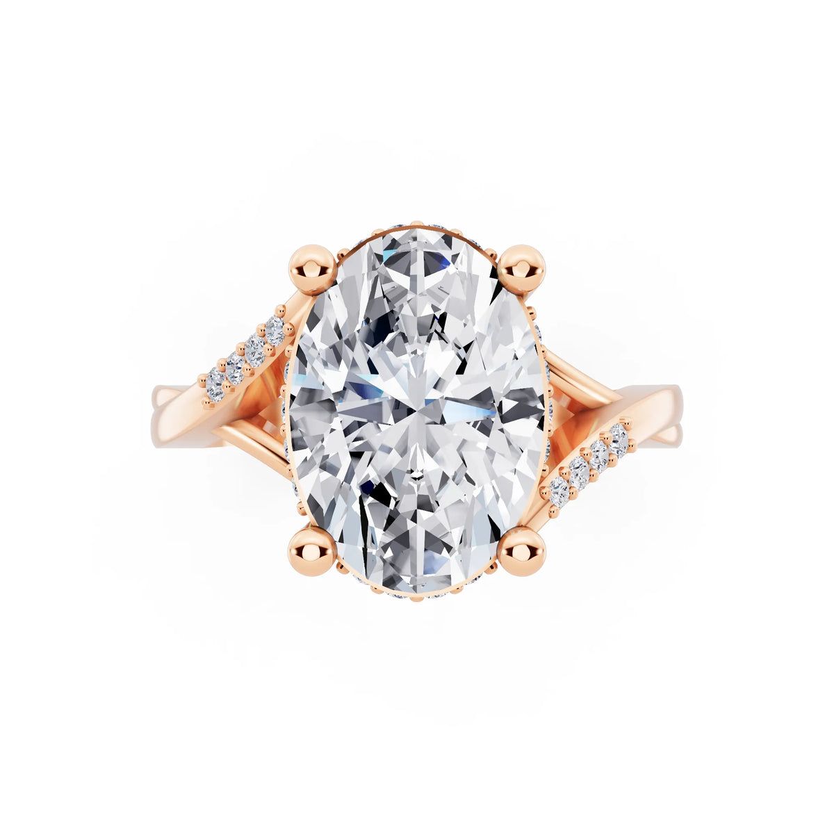 14 KT Rose Gold Oval Cut Diamond Split Shank Engagement Ring with Hidden Halo - top angle