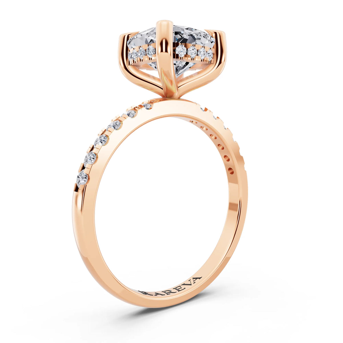 18 KT Rose Gold Cushion Cut Diamond Solitaire Ring with Round Pavé Band and Prong Setting - top view