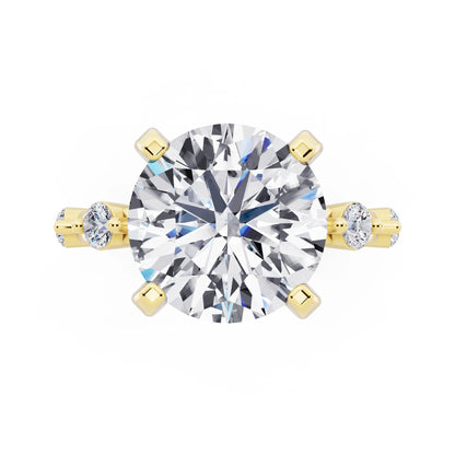 18 KT Yellow Gold Round Cut Diamond Solitaire Ring with Floating Diamond Accents - top angle