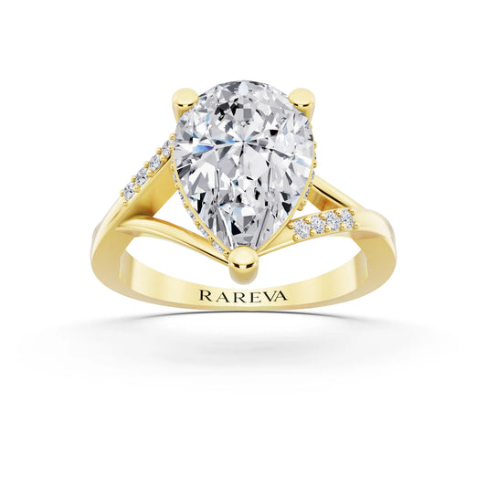 18 KT Yellow Gold Pear Cut Diamond Split Shank Engagement Ring with Hidden Halo - front view