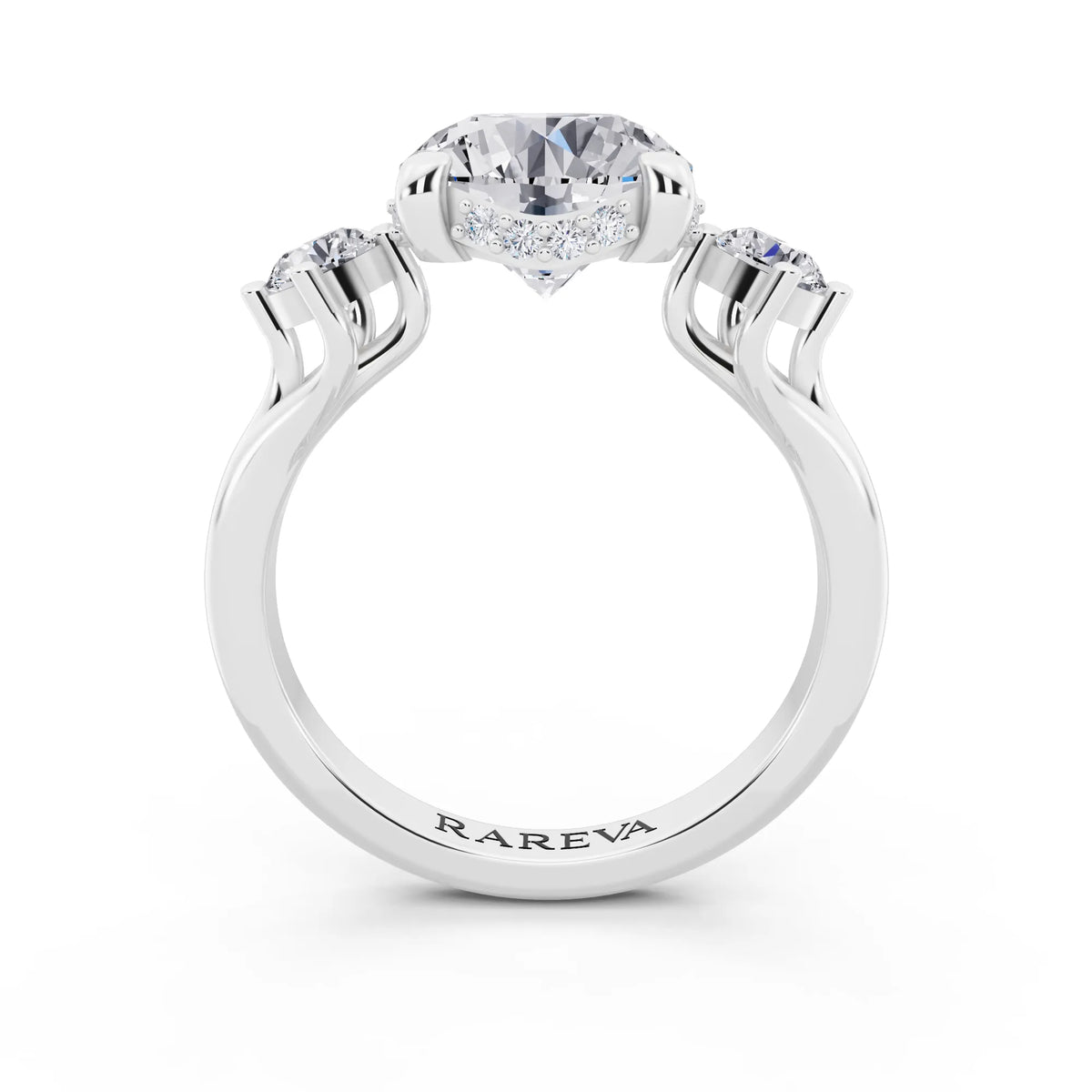 Platinum Round Cut Diamond Three Stone Engagement Ring with Hidden Halo - through finger