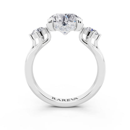 Platinum Round Cut Diamond Three Stone Engagement Ring with Hidden Halo - through finger
