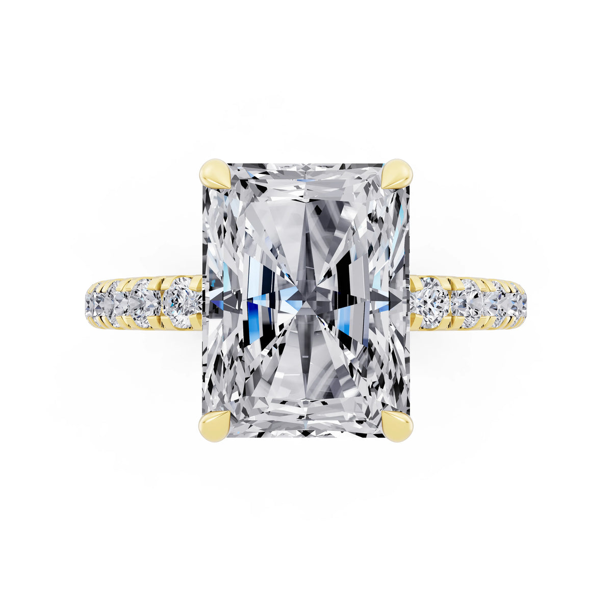 14 KT Yellow Gold Radiant Cut Diamond Solitaire Ring with Hidden Halo and French Pave Band - top angle