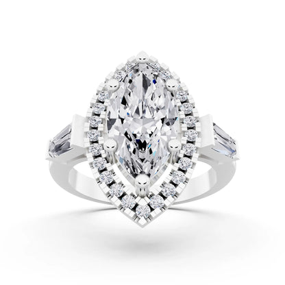 Platinum Marquise Cut Diamond Halo Ring with Baguette Accents - front view