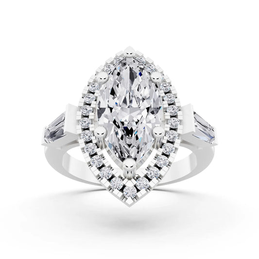 Platinum Marquise Cut Diamond Halo Ring with Baguette Accents - front view
