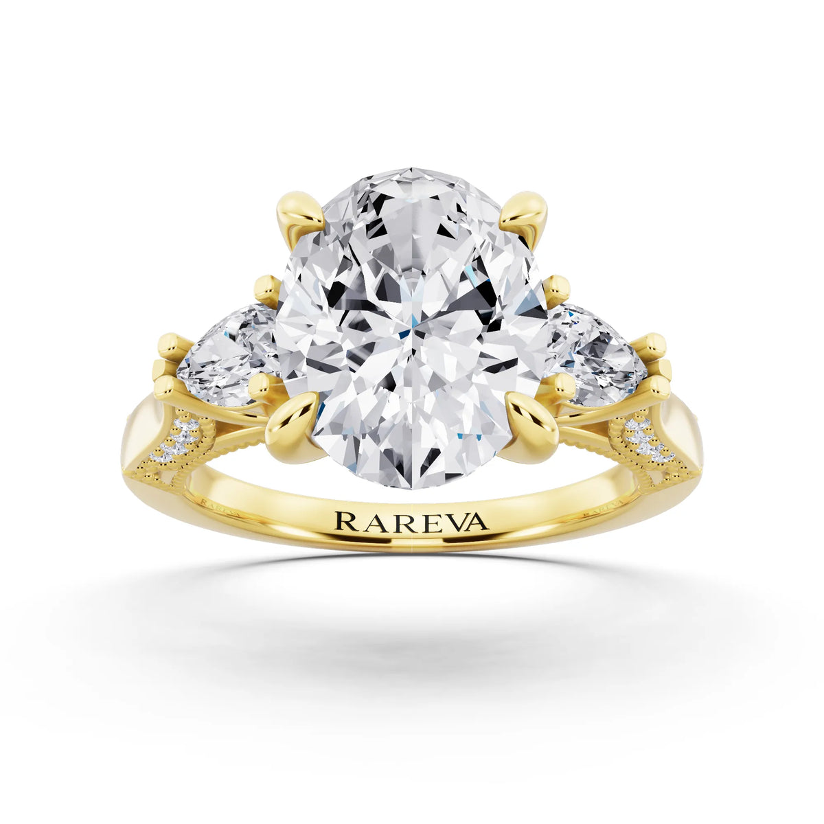 14 KT Yellow Gold Oval Cut Diamond Three Stone Pear Accent Vintage Pave Ring - front view