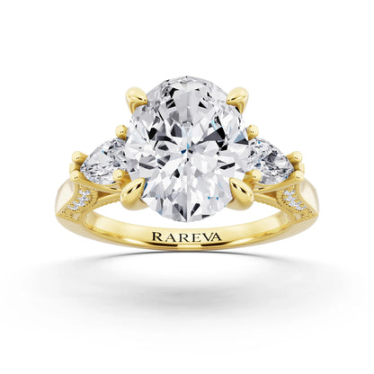 14 KT Yellow Gold Oval Cut Diamond Three Stone Pear Accent Vintage Pave Ring - front view