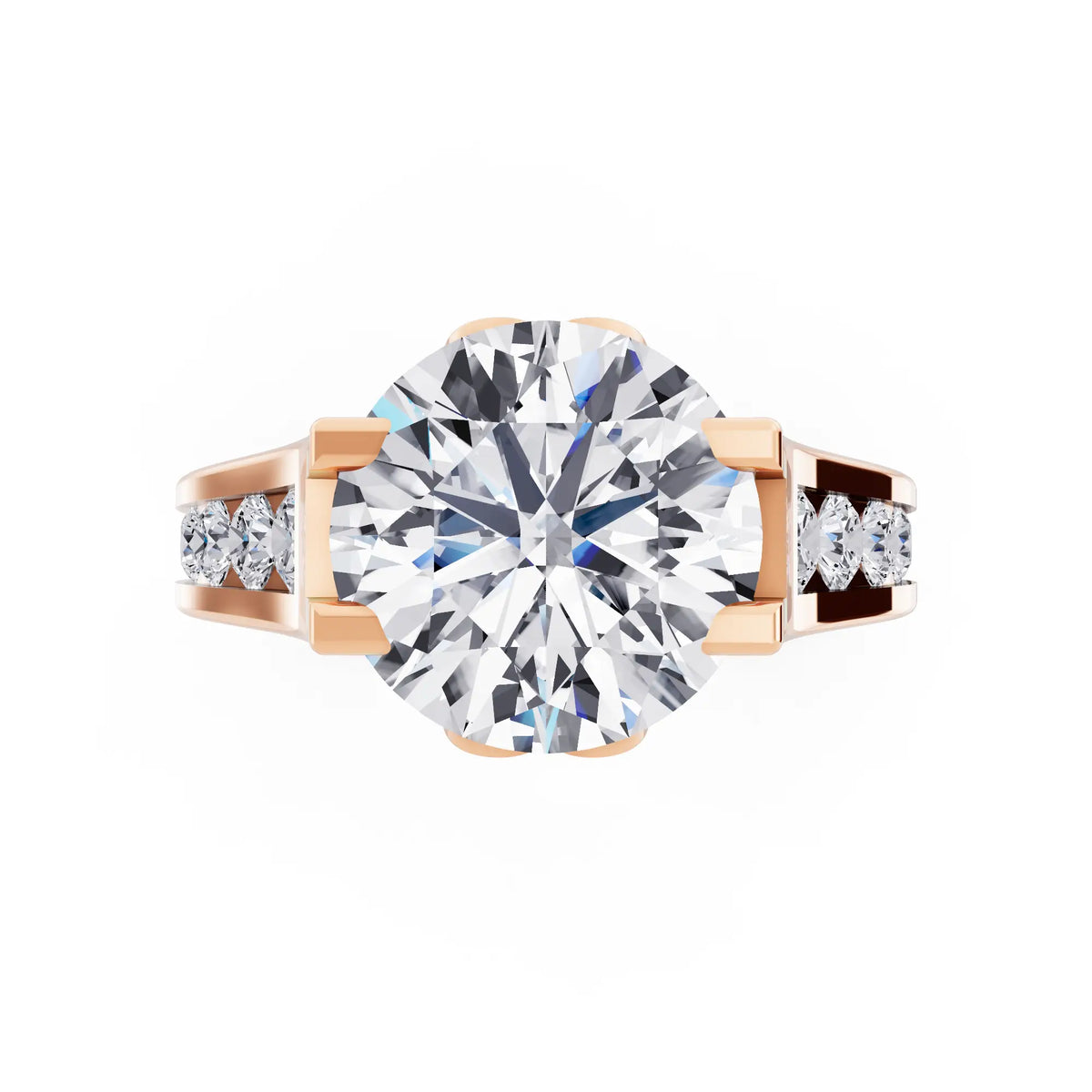 18 KT Rose Gold Round Cut Diamond Solitaire Ring with Graduated Channel Band - Top down