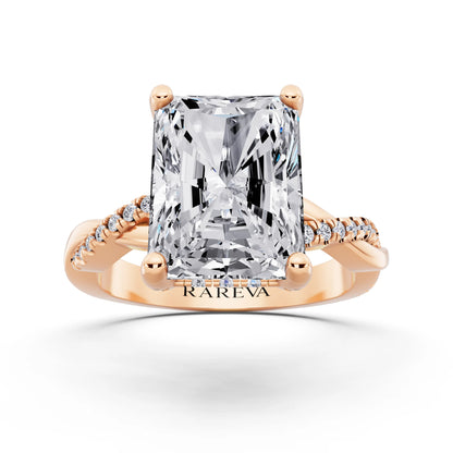 18 KT Rose Gold Radiant Cut Diamond Hidden Halo Ring with Twisted Pave Band - front view