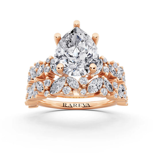 14 KT Rose Gold Pear Cut Diamond Ring with Marquise Cluster Band - front view