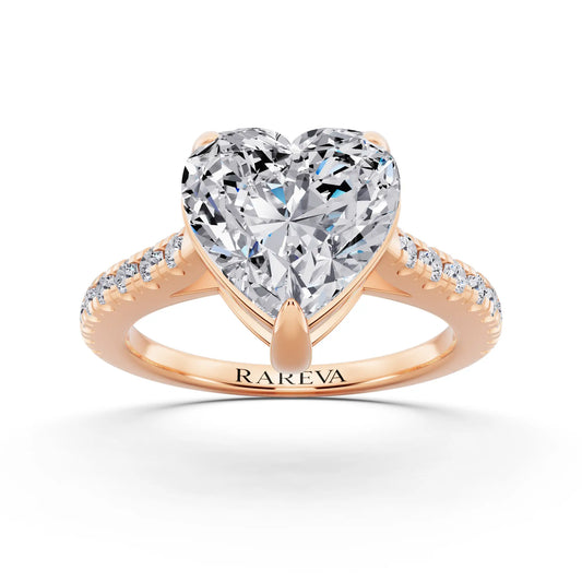 18 KT Rose Gold Heart Cut Diamond Claw Prong Solitaire Ring with French Pave Band - front view