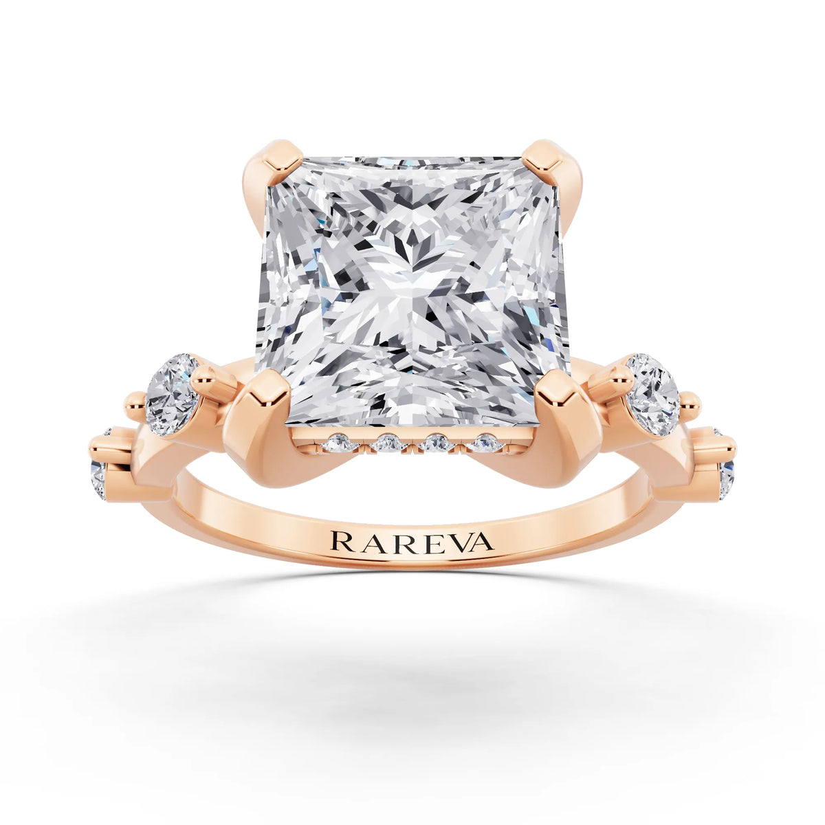 18 KT Rose Gold Princess Cut Diamond Solitaire Ring with Floating Diamond Accents - front view