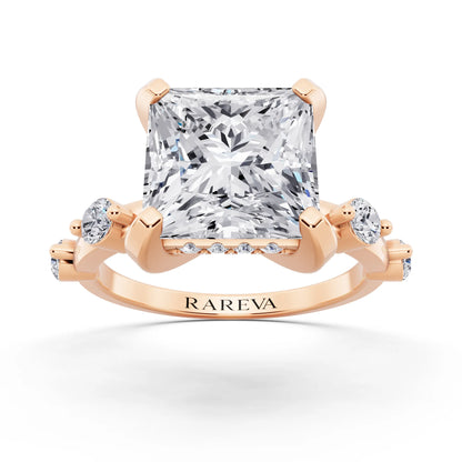18 KT Rose Gold Princess Cut Diamond Solitaire Ring with Floating Diamond Accents - front view