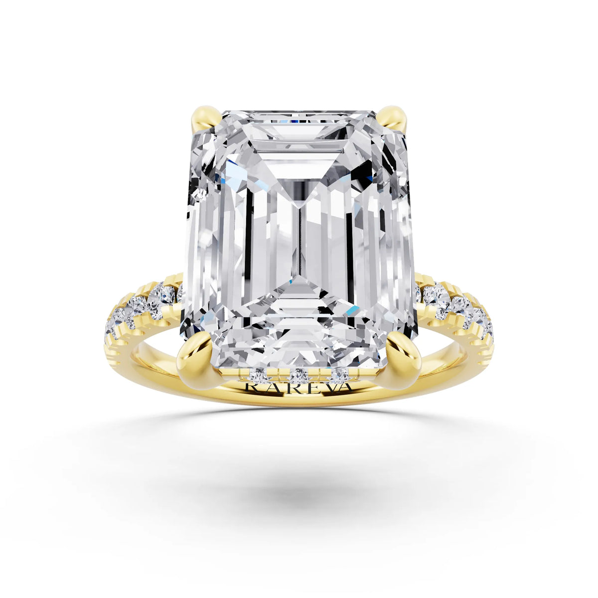 14 KT Yellow Gold Emerald Cut Diamond Hidden Halo Tiger Prong Pave Band Ring - front view
