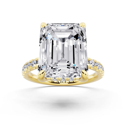 14 KT Yellow Gold Emerald Cut Diamond Hidden Halo Tiger Prong Pave Band Ring - front view