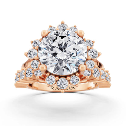 14 KT Rose Gold Round Cut Diamond Sunburst Halo Ring with Graduated Band - Front