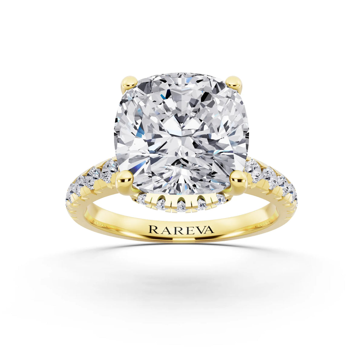 18 KT Yellow Gold Cushion Cut Diamond Ring with Hidden Halo - front view