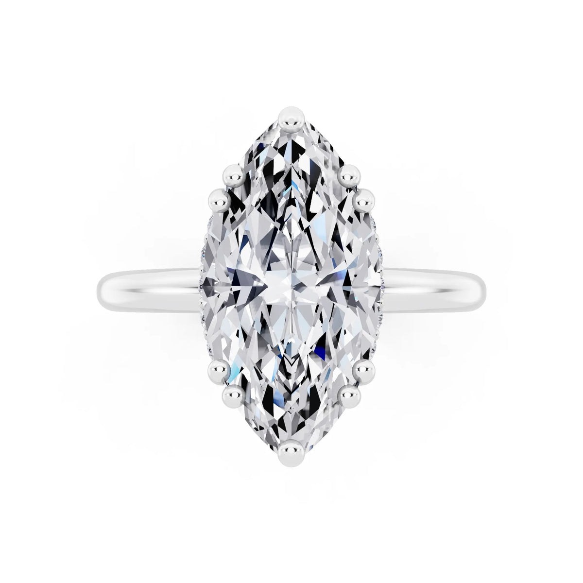 14 KT White Gold Marquise Cut Diamond Solitaire Ring with Hidden Accent Basket - top angle