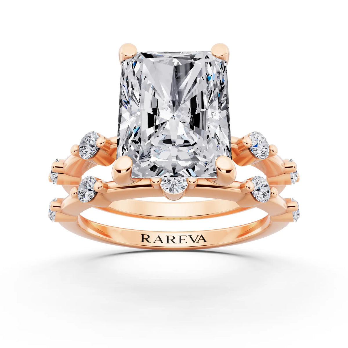 18 KT Rose Gold Radiant Cut Diamond Ring with Floating Accent Band - front view