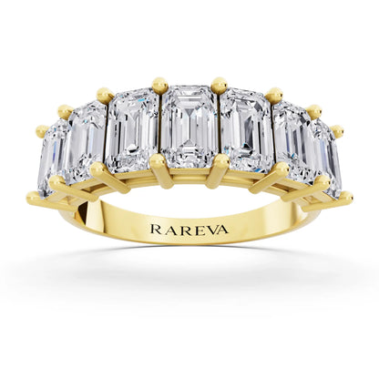 14K Yellow Gold Seven Stone Emerald Cut Diamond Half Eternity Wedding Band - 2.2mm - Front