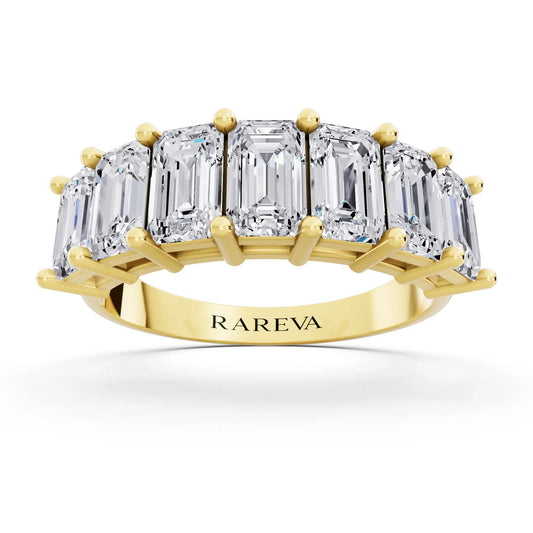14K Yellow Gold Seven Stone Emerald Cut Diamond Half Eternity Wedding Band - 2.2mm - Front