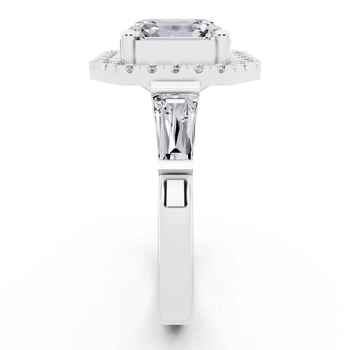 18 KT White Gold Asscher Cut Diamond Halo Ring with Baguette Accents - side view