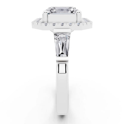 18 KT White Gold Asscher Cut Diamond Halo Ring with Baguette Accents - side view