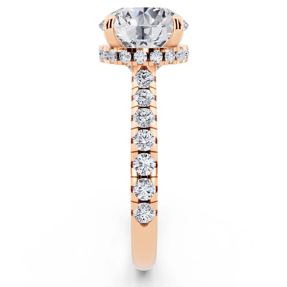 18 KT Rose Gold Round Cut Diamond Ring with Hidden Halo - side view