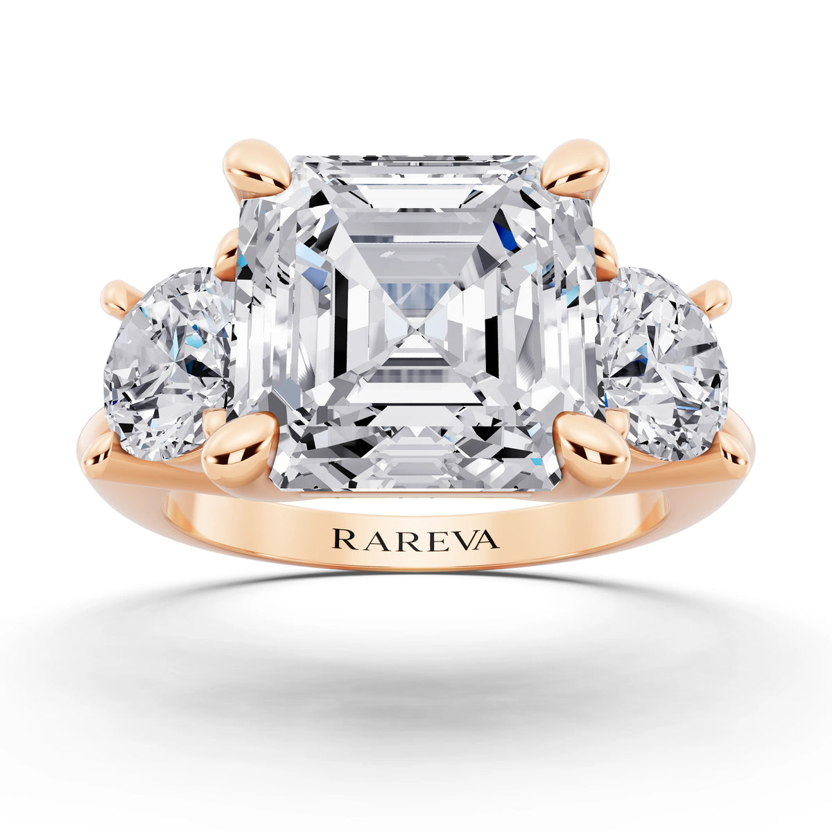 14 KT Rose Gold Asscher Cut Diamond Three Stone Ring with Round Accents - front view