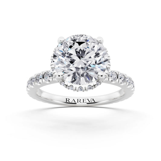 18 KT White Gold Round Cut Diamond Hidden Halo Ring with Pave Band - front view