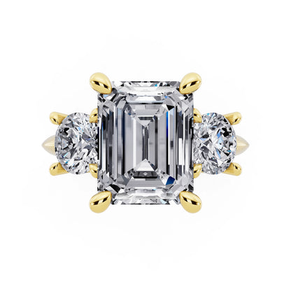 14 KT Yellow Gold Emerald Cut Diamond Three Stone Ring with Round Accents - top angle