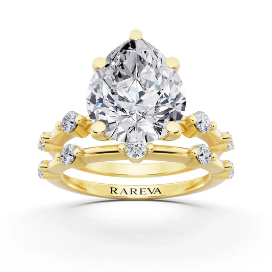 18 KT Yellow Gold Pear Cut Diamond Ring with Floating Accent Band - front view