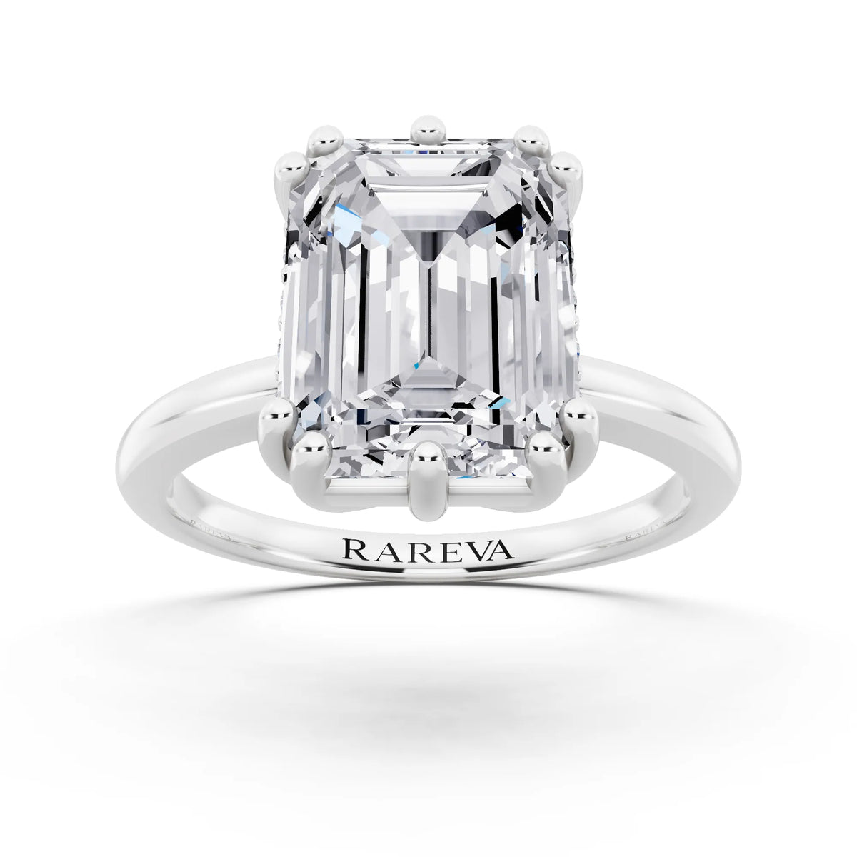 18 KT White Gold Emerald Cut Diamond Solitaire Ring with Hidden Accent Basket - front view