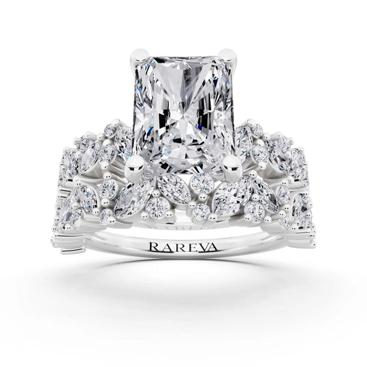 Platinum Radiant Cut Diamond Ring with Marquise Cluster Band - front view