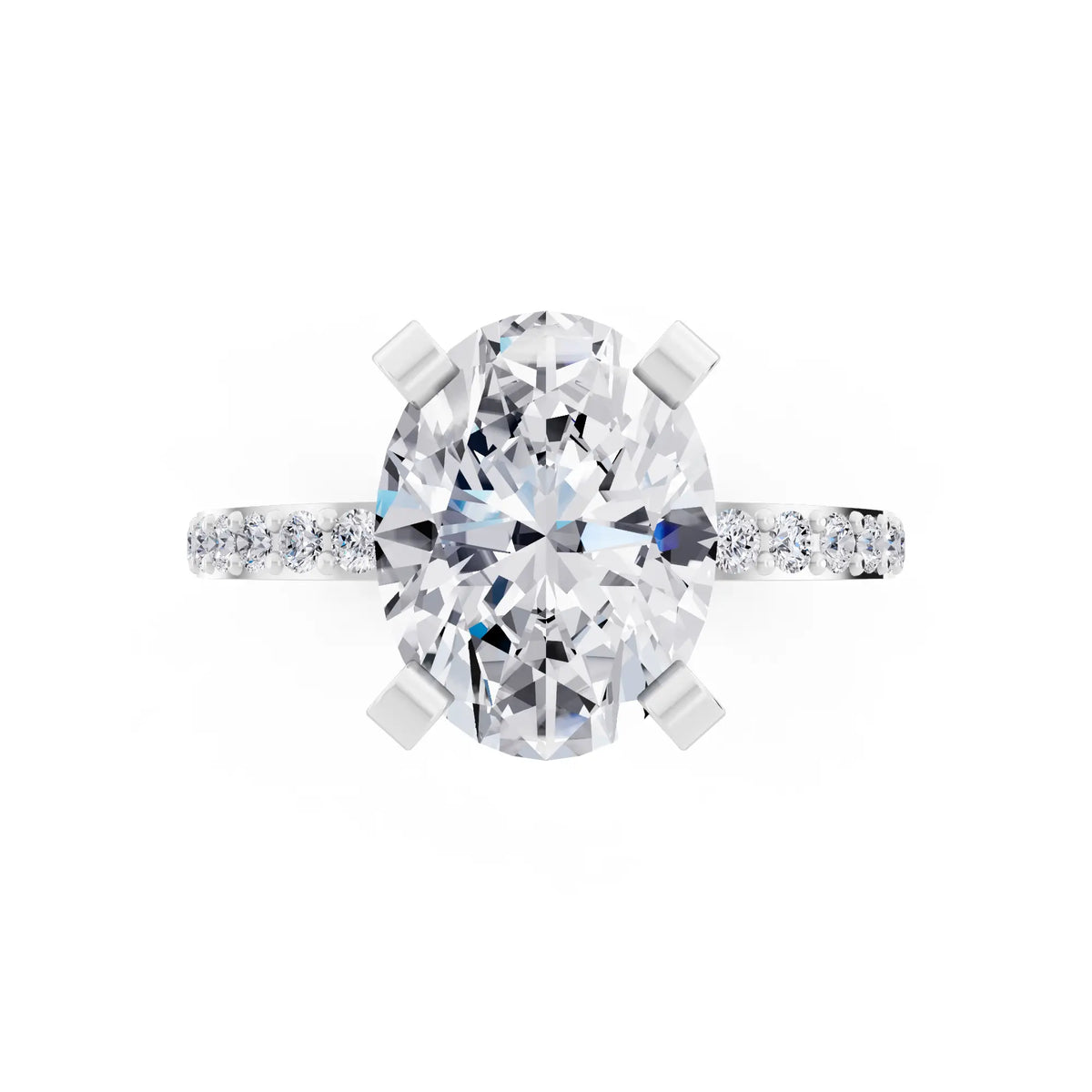 14 KT White Gold Oval Cut Diamond Solitaire Ring with Pave Shank - top angle