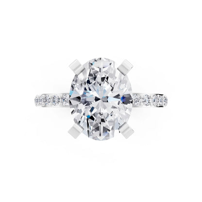 14 KT White Gold Oval Cut Diamond Solitaire Ring with Pave Shank - top angle