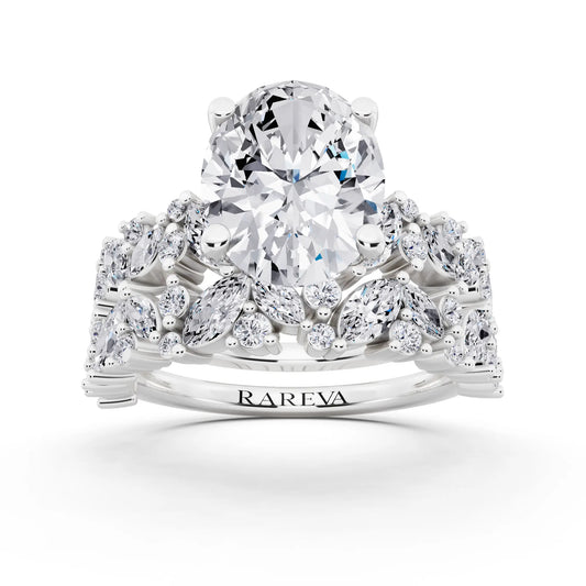 Platinum Oval Cut Diamond Ring with Marquise Cluster Band - front view