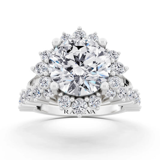 Platinum Round Cut Diamond Sunburst Halo Ring with Graduated Band - Front