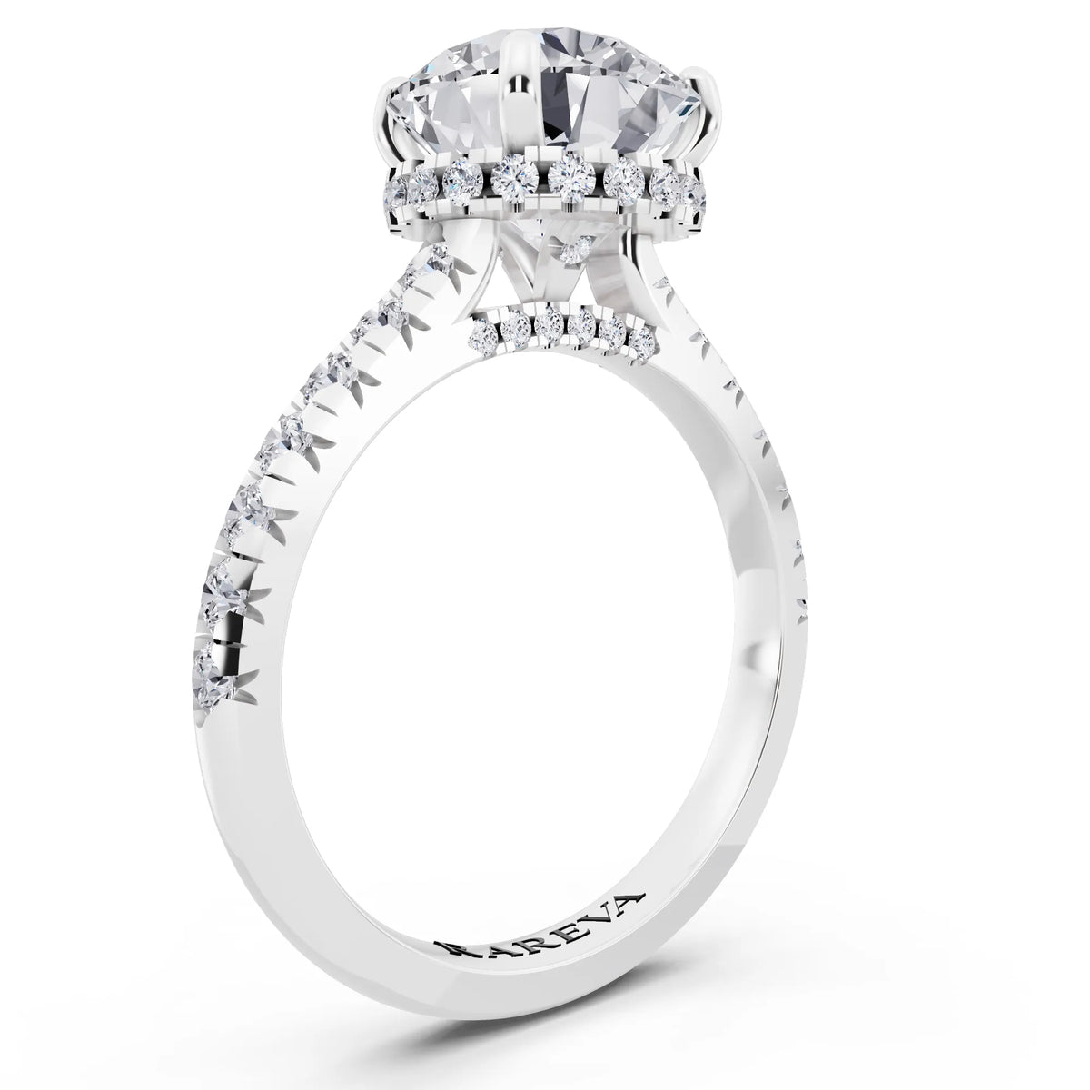 18 KT White Gold Round Cut Diamond Ring with Hidden Halo - top view