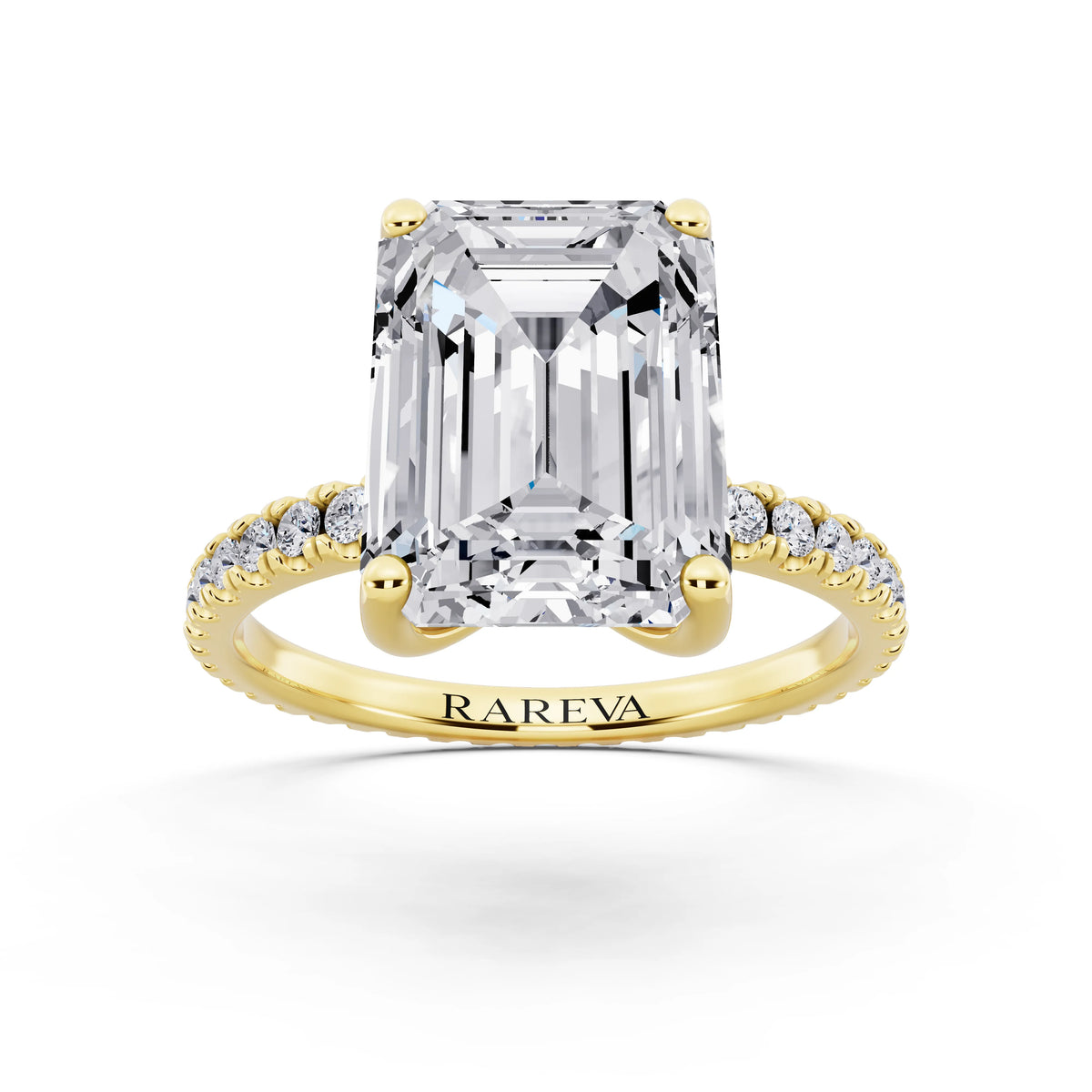 14 KT Yellow Gold Emerald Cut Diamond Solitaire Ring with Pave Eternity Band - front view
